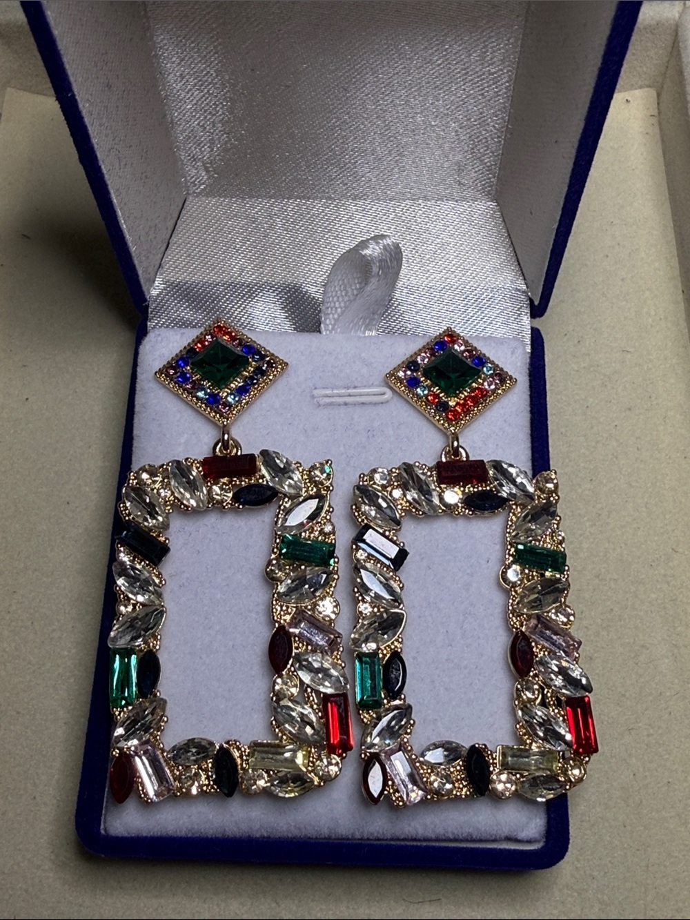 Multicolor Rhinestone Crystal Statement Drop Earrings Gold Tone EUC